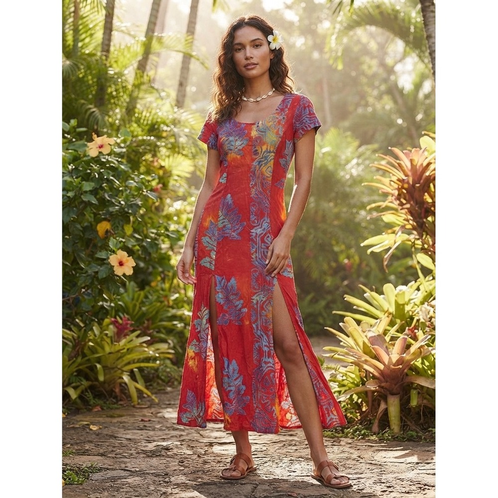 Tropical Tantrum Women's Red Batik Rayon Maxi Dress Short Sleeve Double Slit S